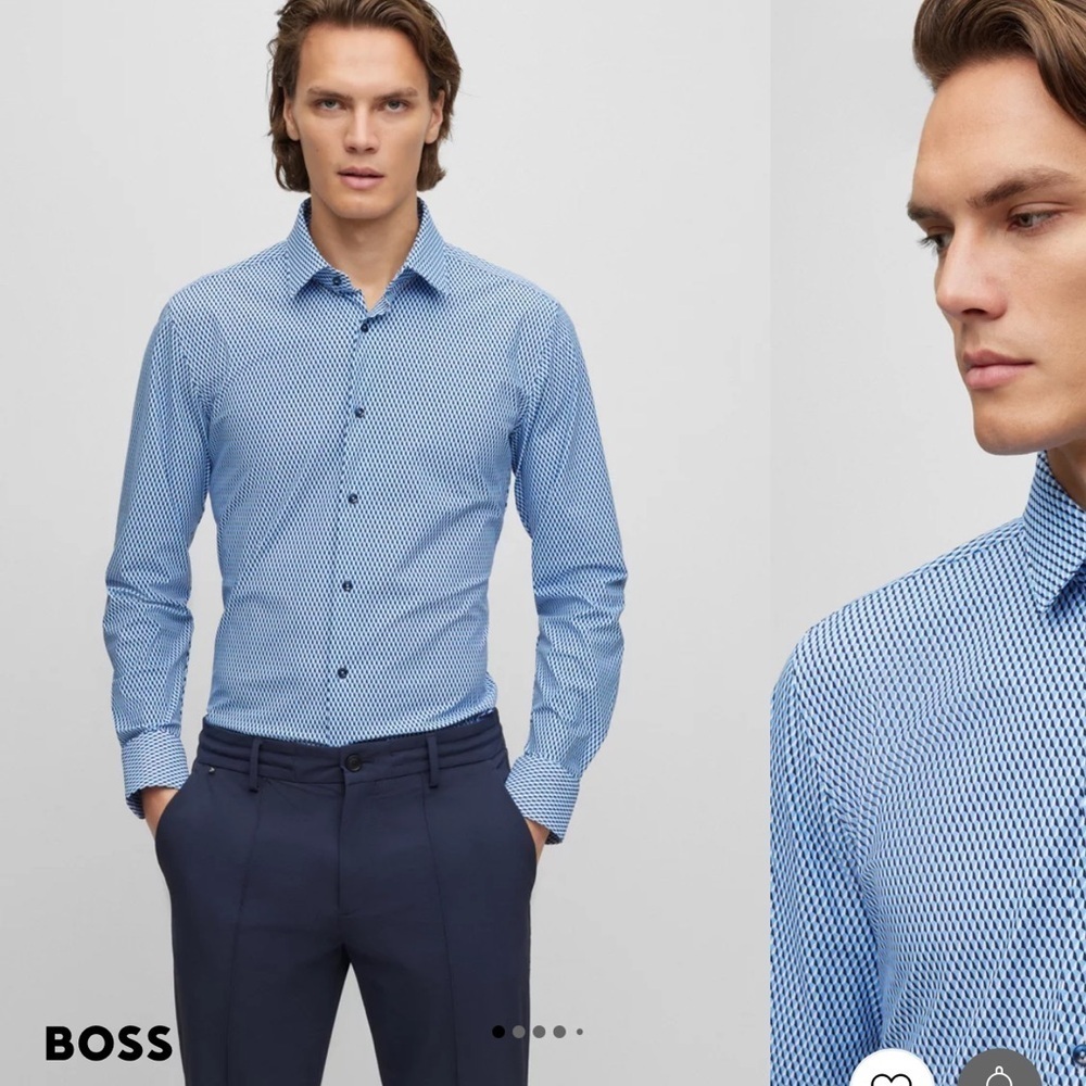 Hugo BOSS Slim-fit shirt in printed performance-stretch fabric blue white